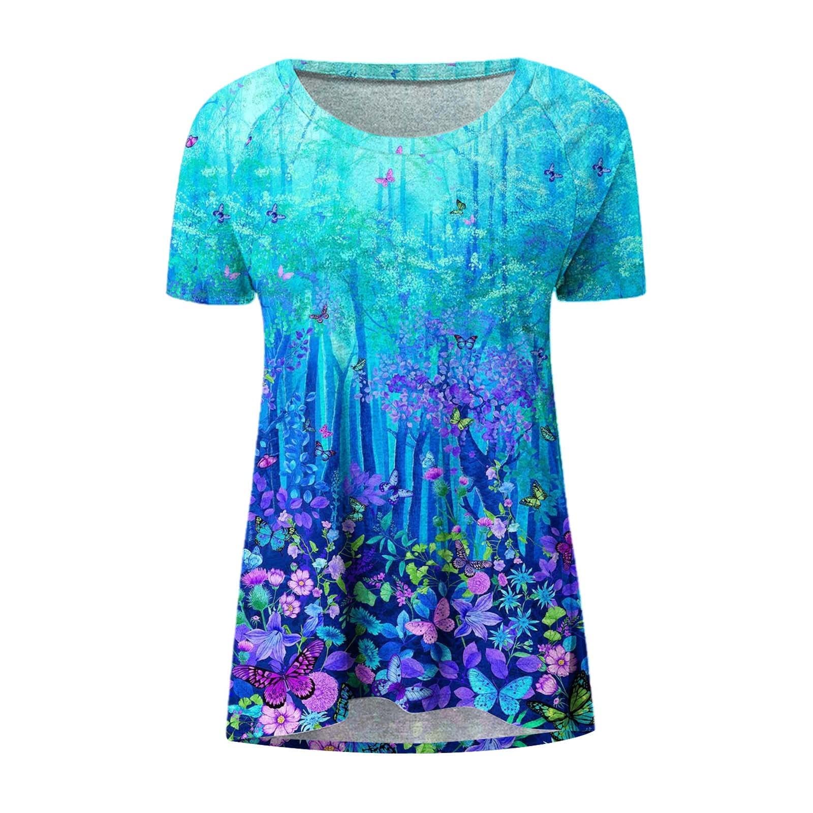 Womens Tops Spring,Women's Floral Printed Tee Shirts Short Sleeve Shirt Crewneck Classic Fit Pullover Blue