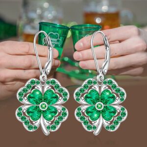 St Patricks Day Shamrock Earrings for Women Irish Four Leaf Clover Earrings Sterling Silver Leverback Celtic Lucky Green Shamrock Jewelry