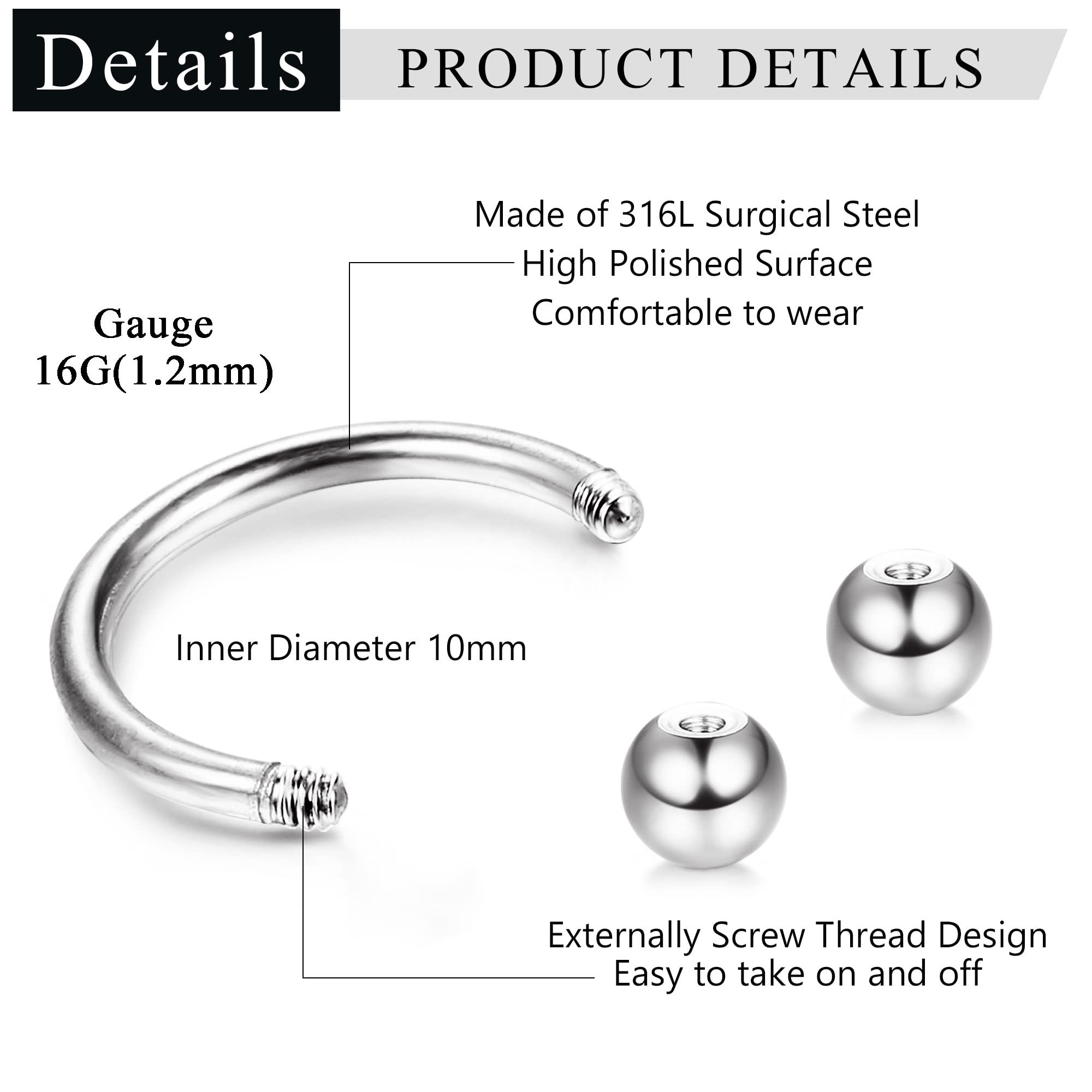 ZELORES 20Pcs 16G Septum Rings Horseshoe Septum Jewelry Stainless Steel Lip Nose Rings Hoops Helix Tragus Earrings Daith Cartilage Piercing Jewelry Silver Black Septum Ring Set for Women Men 8mm 10mm,