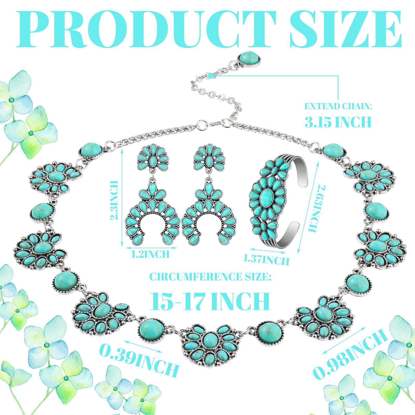 3 Pcs Turquoise Jewelry for Women Turquoise Jewelry Set Silver Bohemian Turquoise Jewelry Necklace Western Jewelry Vintage Turquoise Dangle Earrings Bracelet Turquoise Pendant Necklace for Women Boho