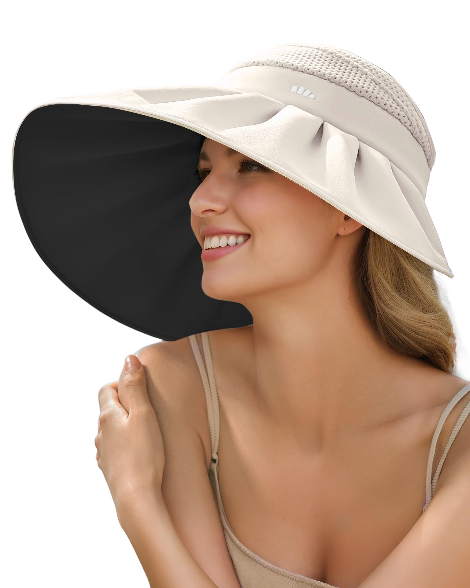 BENEUNDER Large Brim Foldable Sun Visor for Women UPF50+ UV Protection (Beige)