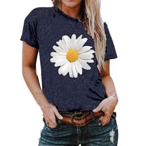 jegulv summer tshirts for women 2023, women's short sleeve blouse daisy floral print basic summer tee shirts, womens tshirts loose fit - navy, 3x-large