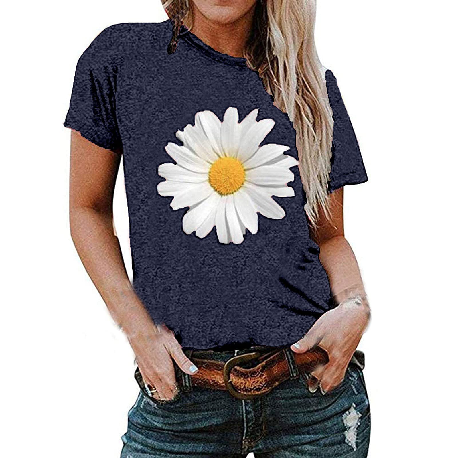 JEGULV Summer Tshirts for Women 2023, Women's Short Sleeve Blouse Daisy Floral Print Basic Summer Tee Shirts, Womens Tshirts Loose Fit - Navy, 3X-Large