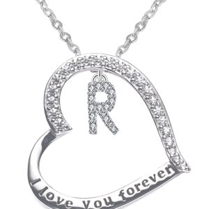 ITS4YEO 925 Sterling Silver Forever Love Heart Pendant Initial Necklaces Silver Necklace Zircon Pendant Necklaces for Women Jewelry Gift for Women Wifes Her Valentines Gift(R)