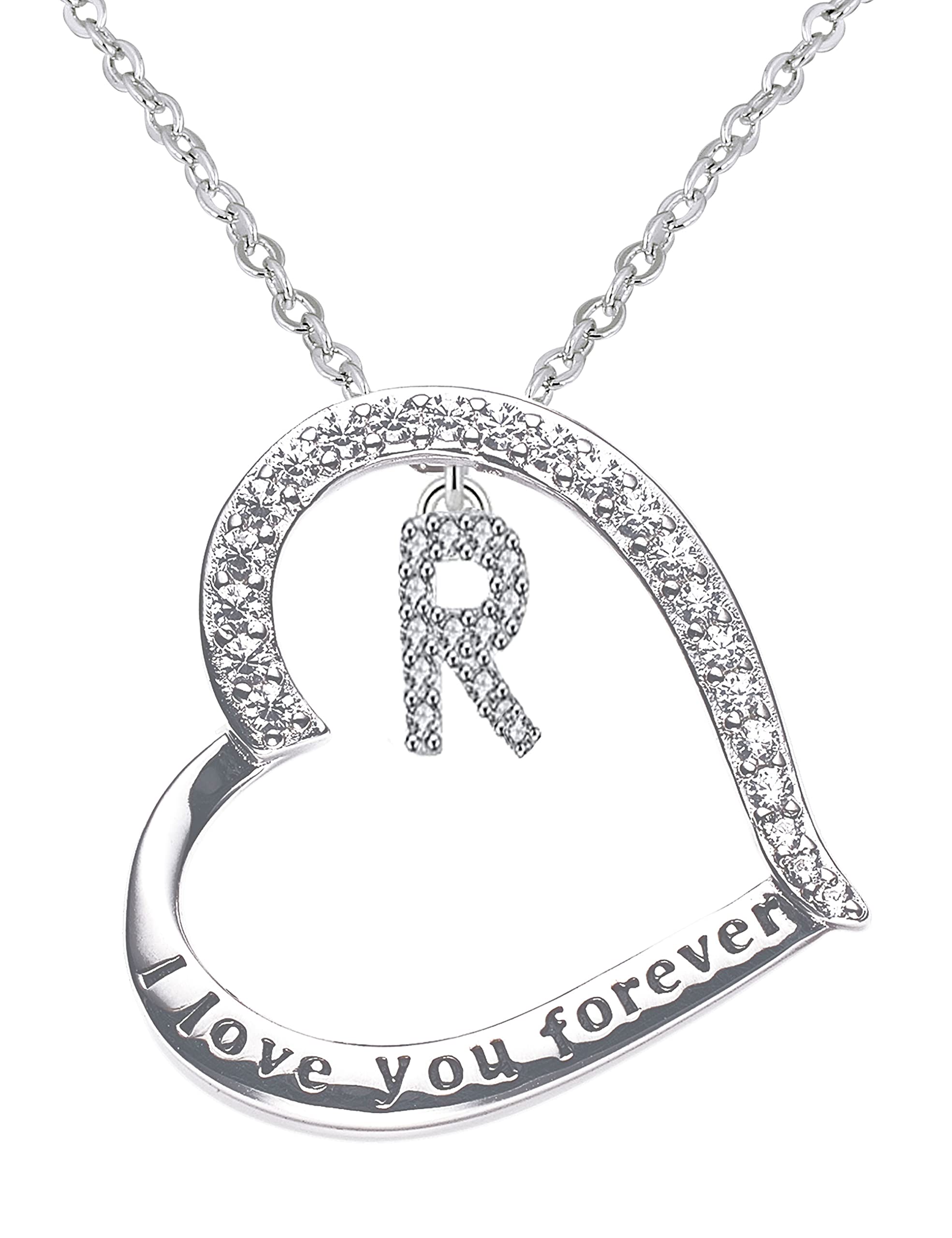 ITS4YEO 925 Sterling Silver Forever Love Heart Pendant Initial Necklaces Silver Necklace Zircon Pendant Necklaces for Women Jewelry Gift for Women Wifes Her Valentines Gift(R)