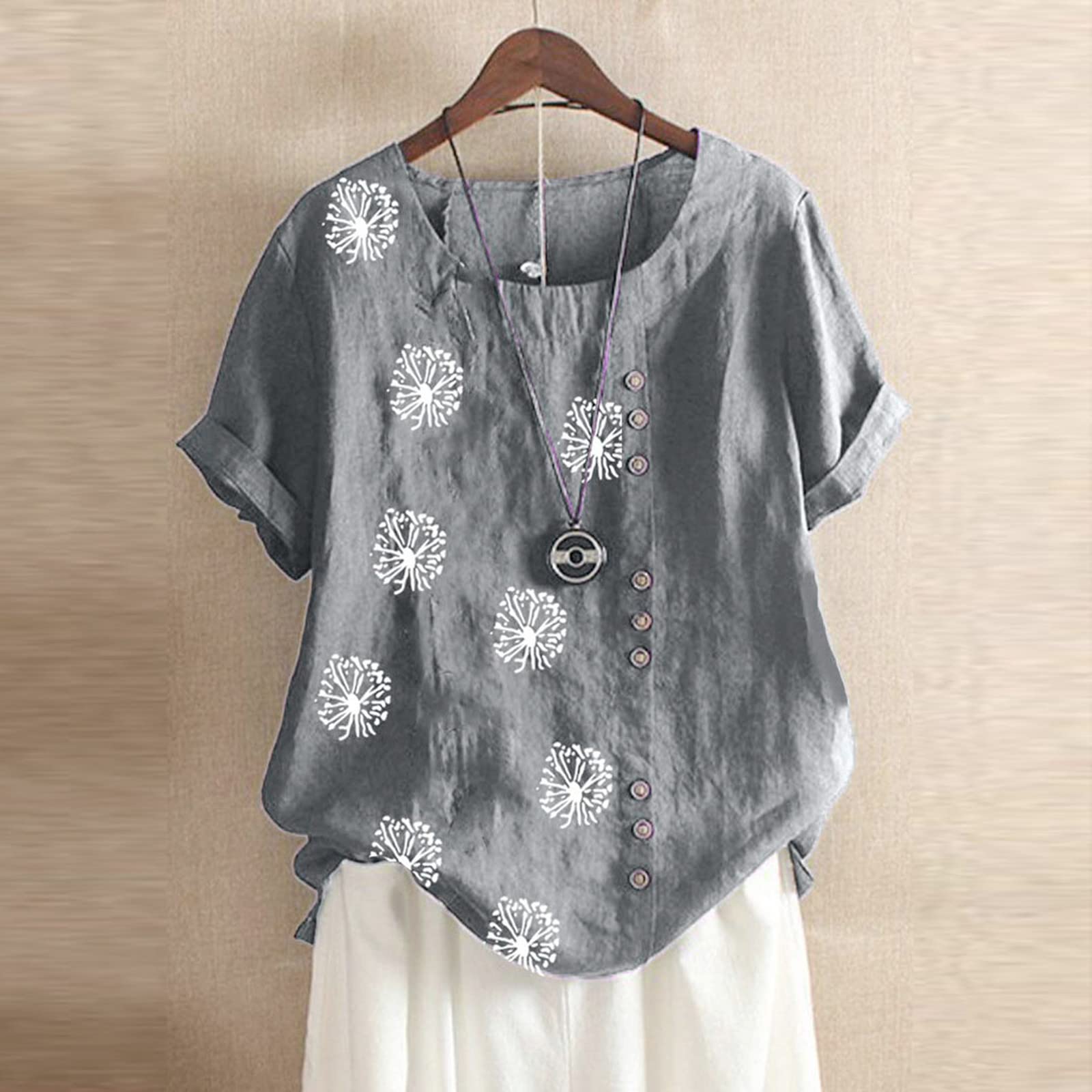 Wkishenl Summer Womens Short Sleeve Cotton Linen Tunic Tops 2023 Flowers Trendy Baggy T Shirts Button Casual Plus Size Blouse