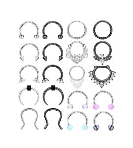 zelores 20pcs 16g septum rings horseshoe septum jewelry stainless steel lip nose rings hoops helix tragus earrings daith cartilage piercing jewelry silver black septum ring set for women men 8mm 10mm,