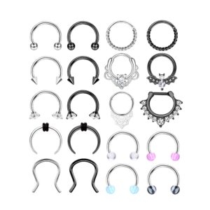 ZELORES 20Pcs 16G Septum Rings Horseshoe Septum Jewelry Stainless Steel Lip Nose Rings Hoops Helix Tragus Earrings Daith Cartilage Piercing Jewelry Silver Black Septum Ring Set for Women Men 8mm 10mm,