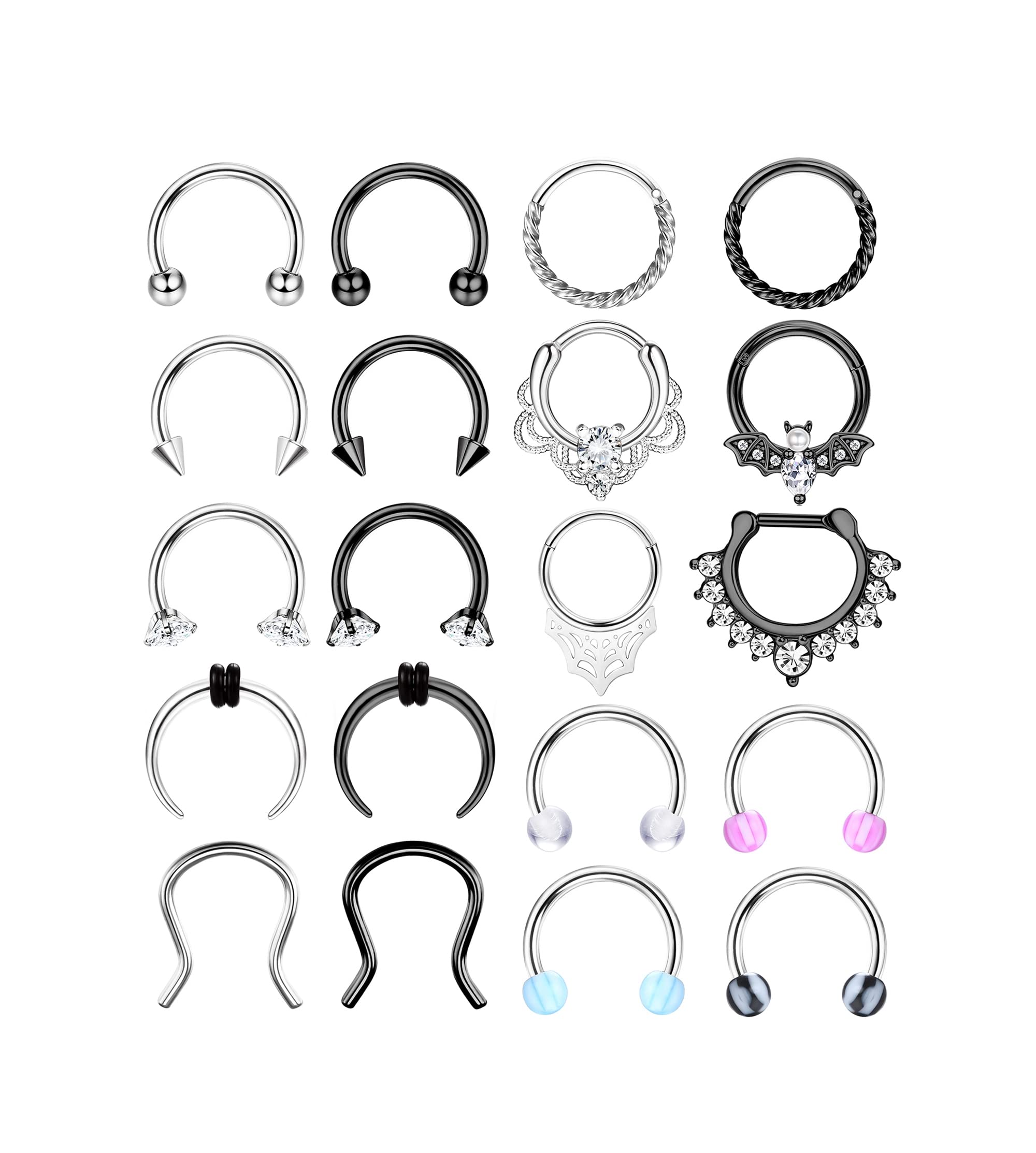 ZELORES 20Pcs 16G Septum Rings Horseshoe Septum Jewelry Stainless Steel Lip Nose Rings Hoops Helix Tragus Earrings Daith Cartilage Piercing Jewelry Silver Black Septum Ring Set for Women Men 8mm 10mm,