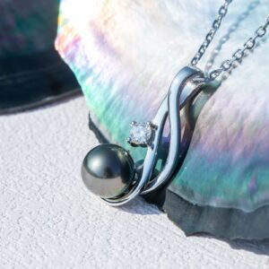 mihiarii Tahitian Black Pearl Necklace Sterling Silver Moissanite Pendant 10MM Tahiti Natural Pearl Necklaces Birthday Anniversary Mothers Day Valentines Day Christmas Gifts for Mom Her Women