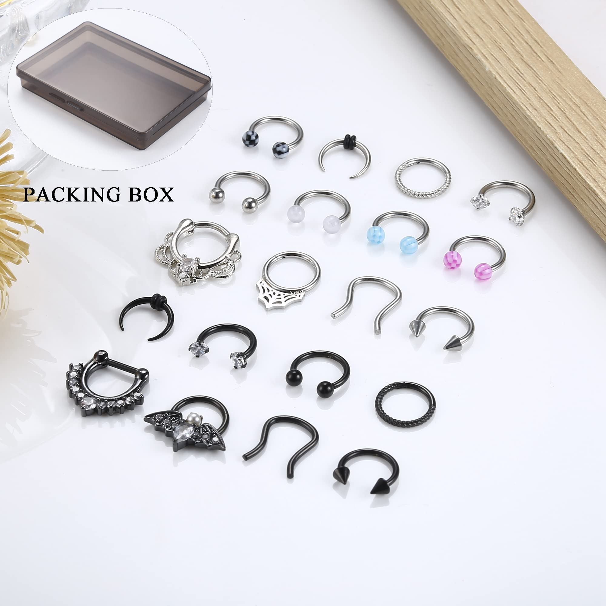 ZELORES 20Pcs 16G Septum Rings Horseshoe Septum Jewelry Stainless Steel Lip Nose Rings Hoops Helix Tragus Earrings Daith Cartilage Piercing Jewelry Silver Black Septum Ring Set for Women Men 8mm 10mm,