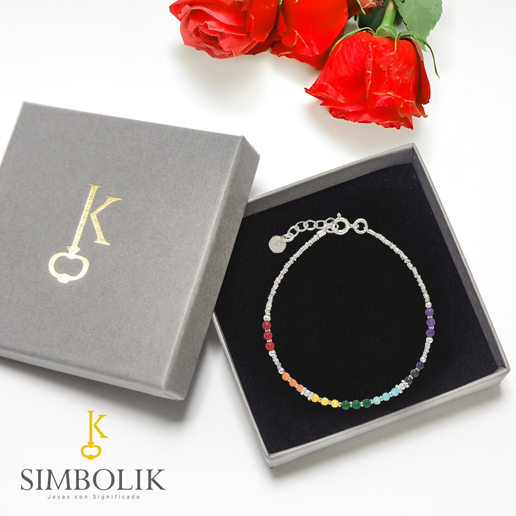 Simbolik Silver 7 chakra bracelet for women, made with 950 sterling silver and natural agate (7 Chakra Bracelet Model 2)