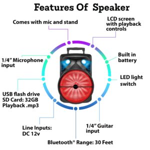 1600 Watts Bluetooth Speaker with Tripod, Wired Microphone & Remote Control | Rechargeable 15" Two Way Bluetooth DJ Light Speaker Package with USB SD Card inputs by Technical Pro