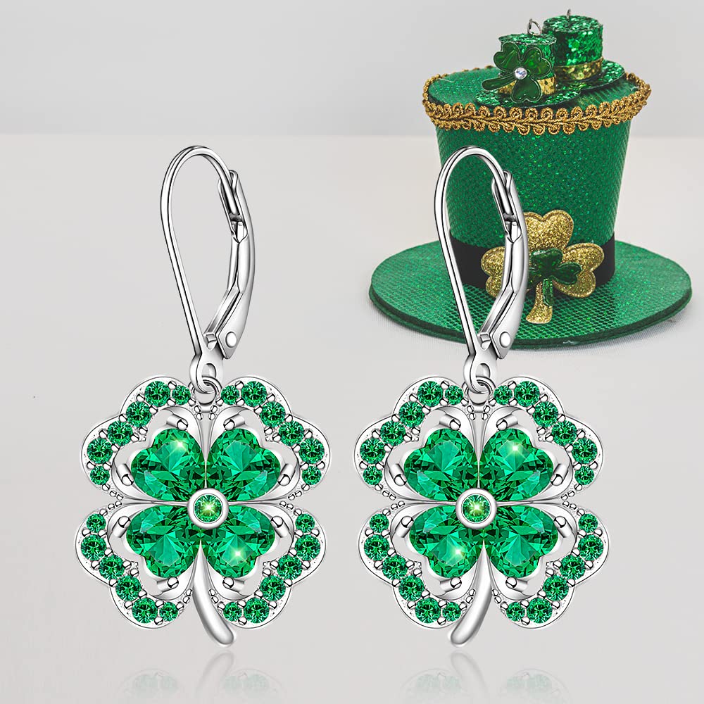 St Patricks Day Shamrock Earrings for Women Irish Four Leaf Clover Earrings Sterling Silver Leverback Celtic Lucky Green Shamrock Jewelry