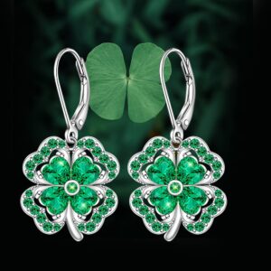 St Patricks Day Shamrock Earrings for Women Irish Four Leaf Clover Earrings Sterling Silver Leverback Celtic Lucky Green Shamrock Jewelry