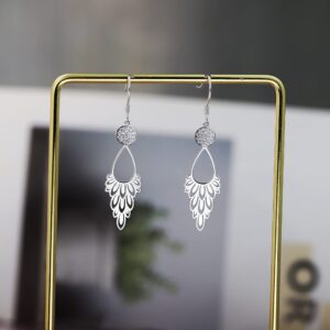 White gold plated 925 Sterling Silver Bohemia Chandelier Filigree Dangle &Drop Earrings for women 1.9Inches long