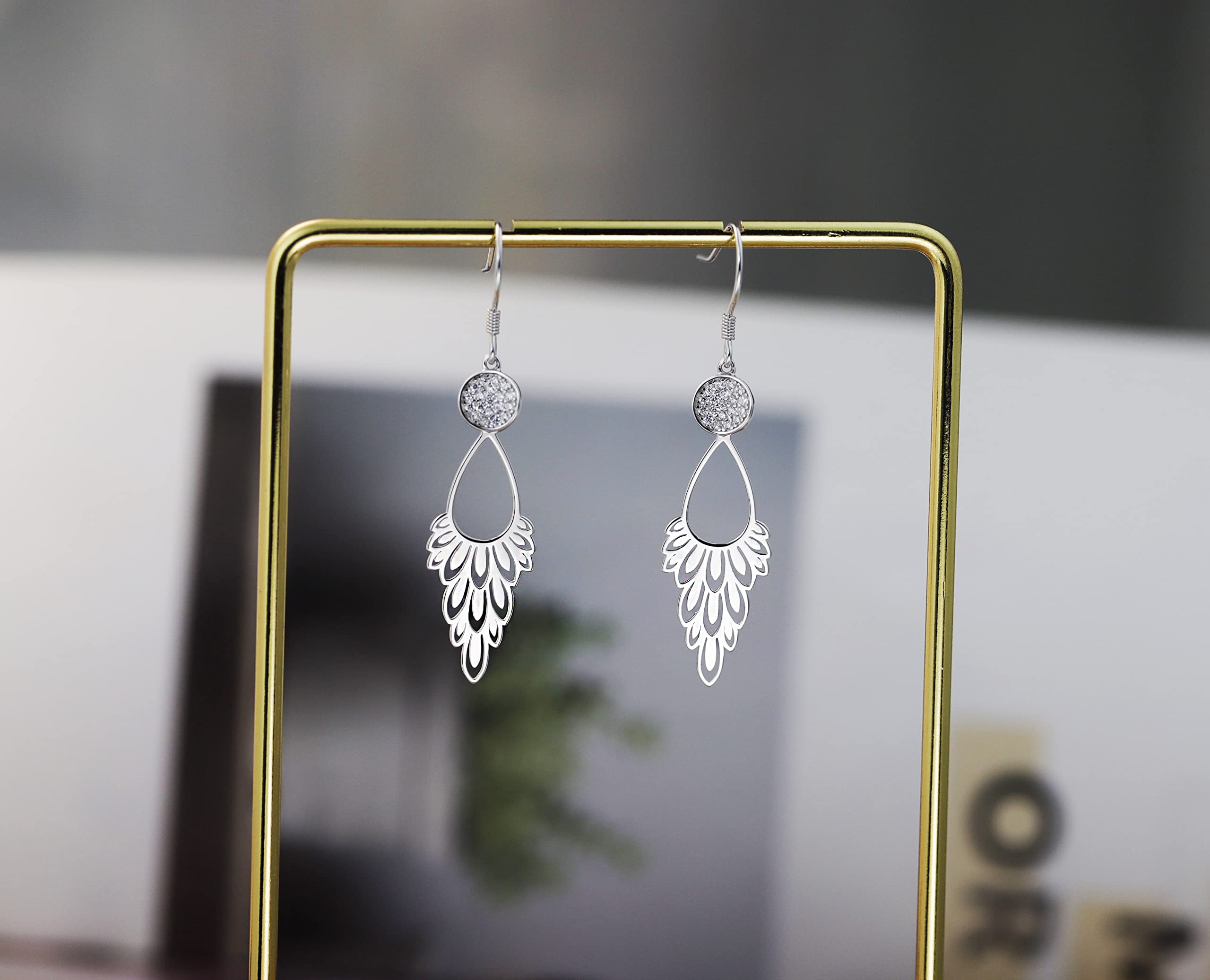 White gold plated 925 Sterling Silver Bohemia Chandelier Filigree Dangle &Drop Earrings for women 1.9Inches long