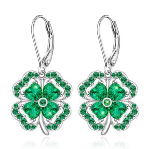 St Patricks Day Shamrock Earrings for Women Irish Four Leaf Clover Earrings Sterling Silver Leverback Celtic Lucky Green Shamrock Jewelry