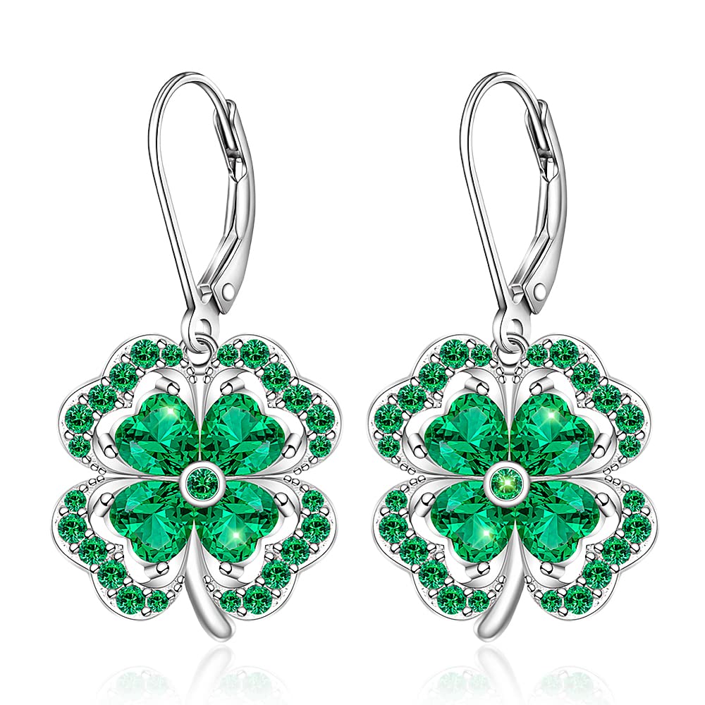 St Patricks Day Shamrock Earrings for Women Irish Four Leaf Clover Earrings Sterling Silver Leverback Celtic Lucky Green Shamrock Jewelry