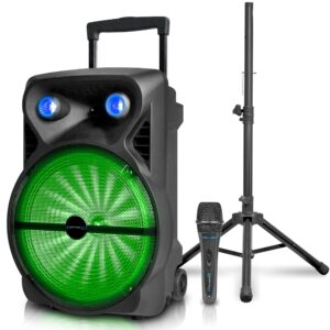 1600 Watts Bluetooth Speaker with Tripod, Wired Microphone & Remote Control | Rechargeable 15" Two Way Bluetooth DJ Light Speaker Package with USB SD Card inputs by Technical Pro