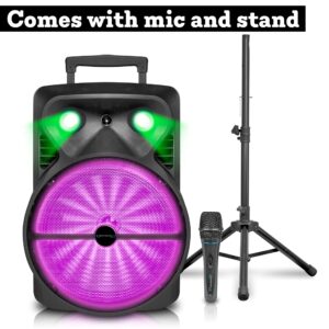 1600 Watts Bluetooth Speaker with Tripod, Wired Microphone & Remote Control | Rechargeable 15" Two Way Bluetooth DJ Light Speaker Package with USB SD Card inputs by Technical Pro