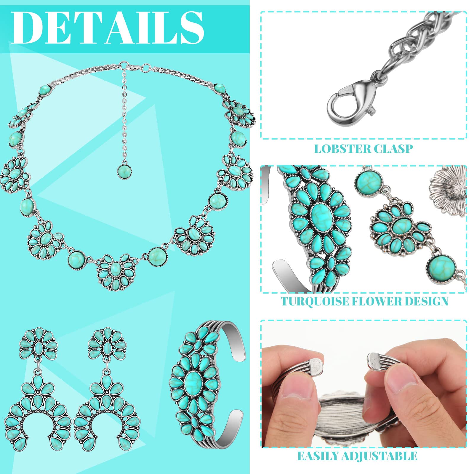 3 Pcs Turquoise Jewelry for Women Turquoise Jewelry Set Silver Bohemian Turquoise Jewelry Necklace Western Jewelry Vintage Turquoise Dangle Earrings Bracelet Turquoise Pendant Necklace for Women Boho