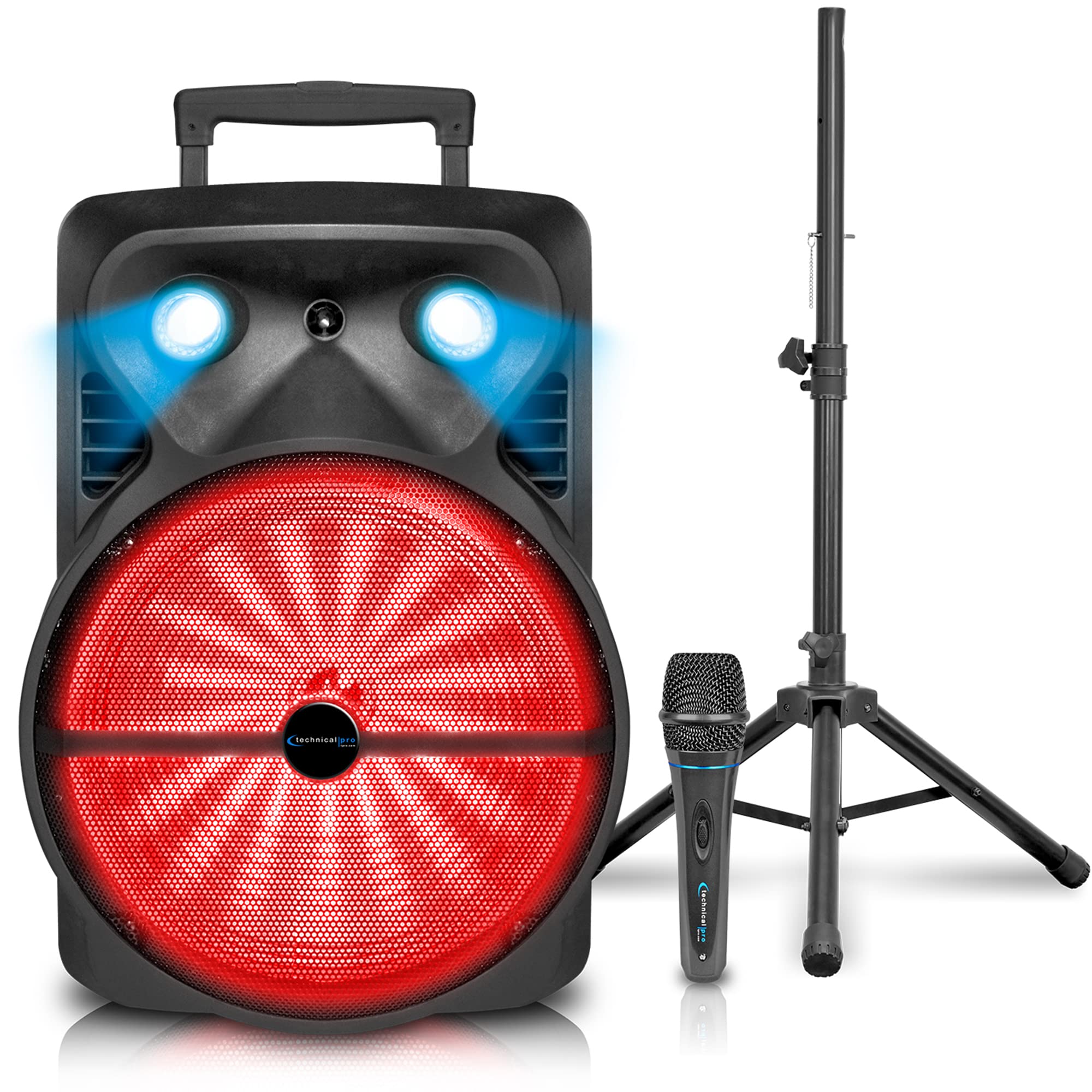 1600 Watts Bluetooth Speaker with Tripod, Wired Microphone & Remote Control | Rechargeable 15" Two Way Bluetooth DJ Light Speaker Package with USB SD Card inputs by Technical Pro