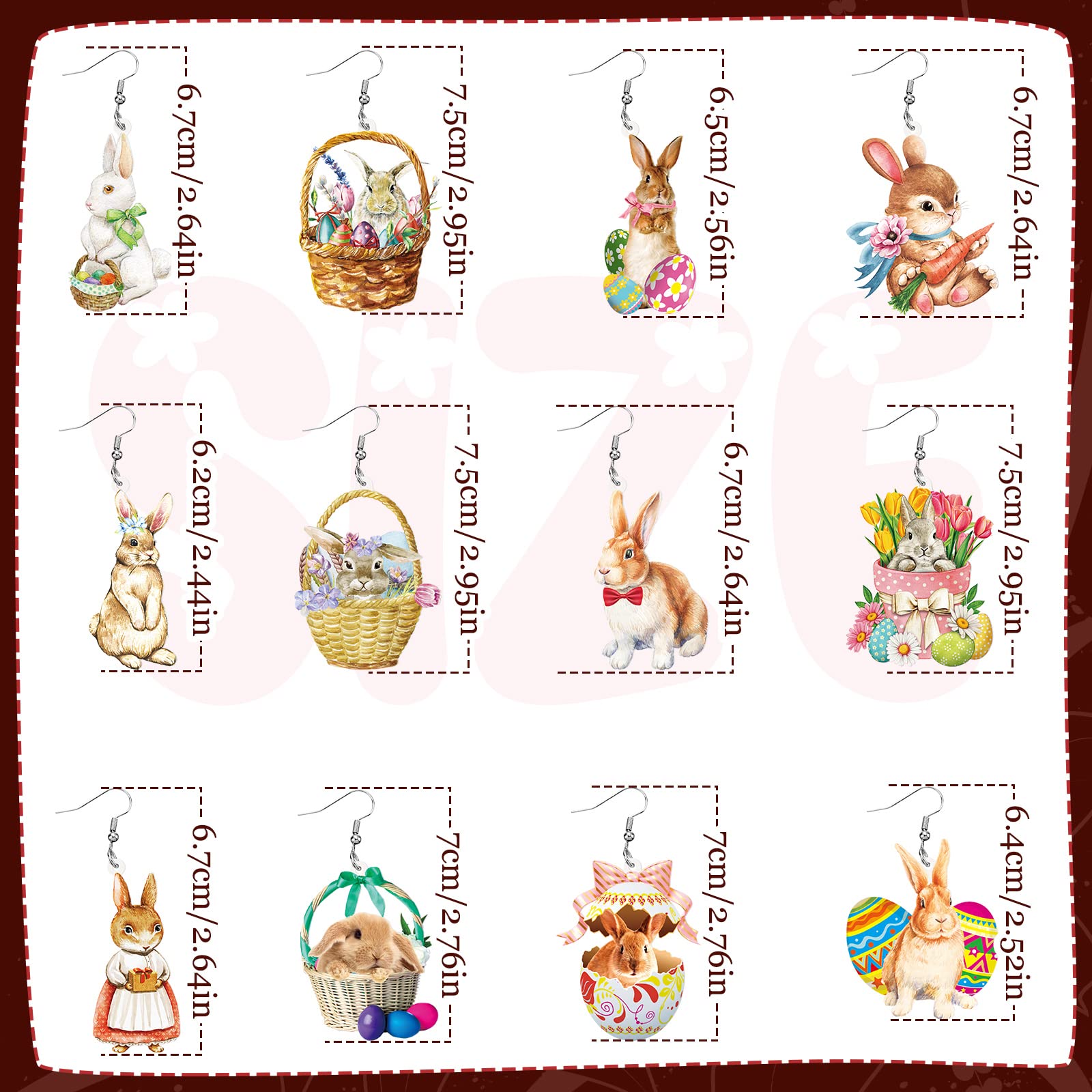 Ecally 12 Pairs Easter Acrylic Bunny Rabbit Funny Drop Dangle Cute Eggs Basket Bunny s for Women Girls Teens Gift Party