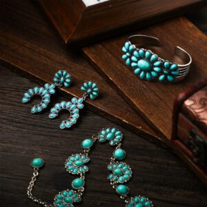 3 Pcs Turquoise Jewelry for Women Turquoise Jewelry Set Silver Bohemian Turquoise Jewelry Necklace Western Jewelry Vintage Turquoise Dangle Earrings Bracelet Turquoise Pendant Necklace for Women Boho