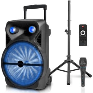 1600 watts bluetooth speaker with tripod, wired microphone & remote control | rechargeable 15" two way bluetooth dj light speaker package with usb sd card inputs by technical pro