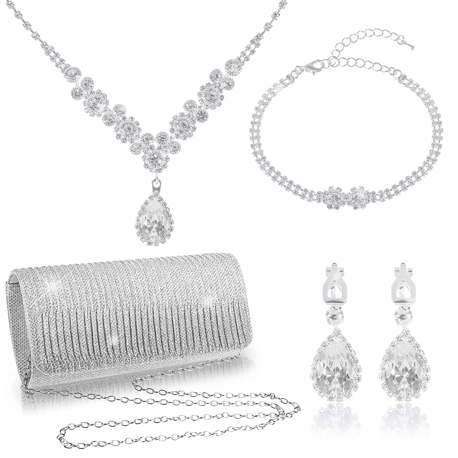 VAIPI 4 Pieces Rhinestone Jewelry Set with Purse for Women Sliver Bling Prom Crystal Jewelry Set With Glitter Rhinestone Necklace Choker Bangle Dangle Earrings and Clutch for Bridal Wedding Party