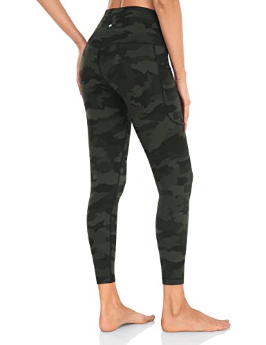 HeyNuts Leggings with Pockets for Women, High Waisted 7/8 Leggings Tummy Control Compression Workout Buttery Soft Pants 25'' Olive Camo L(12)