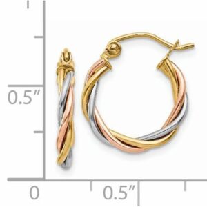 Amanda Rose Collection 14K Tri Colored Gold Twisted Hoop Earrings for Women 1/2 inch|14K White, Rose and Yellow Gold