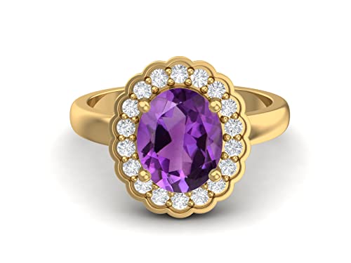 MOONEYE 10x8mm Oval Shape Natural Amethyst Solitaire Engagement 925 Sterling Silver Birthstone Promise Ring (Gold Vermeil, 6)