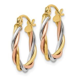 Amanda Rose Collection 14K Tri Colored Gold Twisted Hoop Earrings for Women 1/2 inch|14K White, Rose and Yellow Gold