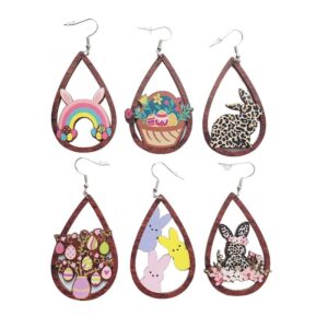 Colorful Teardrop Easter Rabbit Wooden Drop Dangle Earrings Bunny Carrot Egg Double Sided Leopard Print for Women Lovely Handmade Jewelry-A