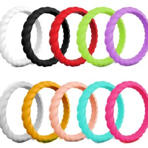 AZYOUNG Womens 3mm Wide Twist Silicone Wedding Ring 10pcs Pack Red Purple Blue Stackable Rubber Bands -US Size 4-10 (7)