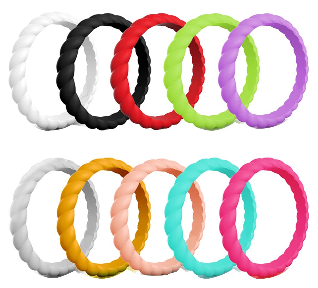 AZYOUNG Womens 3mm Wide Twist Silicone Wedding Ring 10pcs Pack Red Purple Blue Stackable Rubber Bands -US Size 4-10 (7)