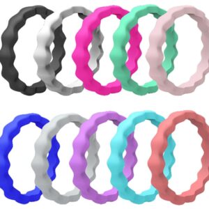 AZYOUNG Womens 3mm Wide Wave Silicone Wedding Ring 10pcs sets Green Blue White Stackable Rubber Bands - US Size 4-10 (8)