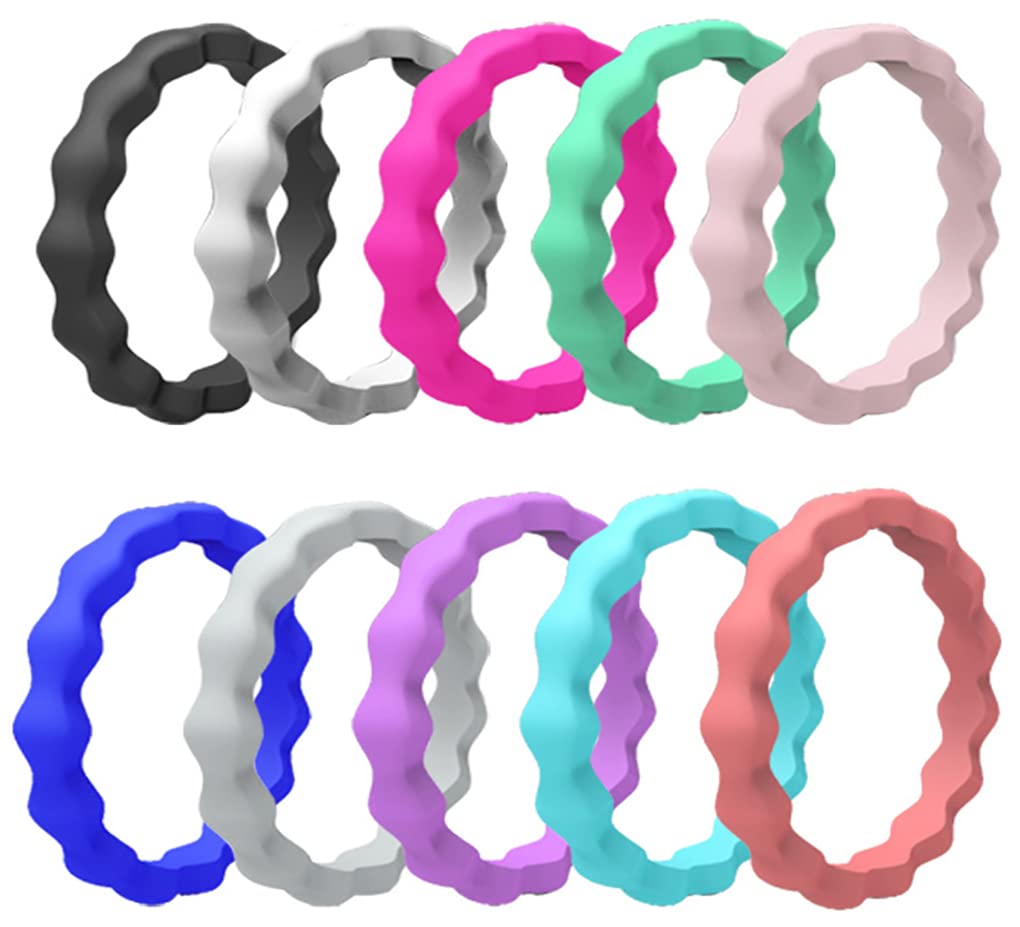 AZYOUNG Womens 3mm Wide Wave Silicone Wedding Ring 10pcs sets Green Blue White Stackable Rubber Bands - US Size 4-10 (8)