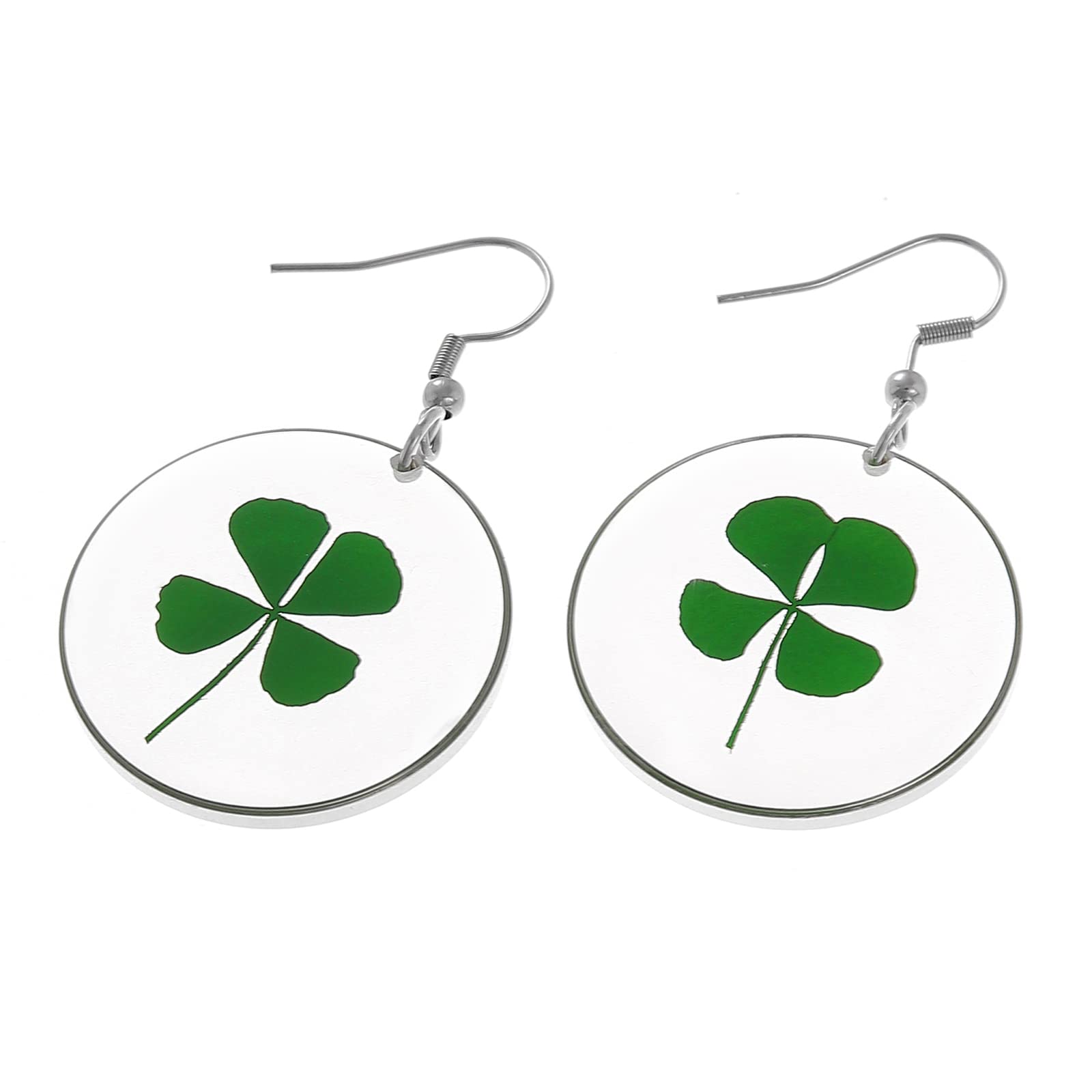 FM FM42 Dried Leaves Lucky 4-Leaf Clover Round Drop Dangle Hook Earrings