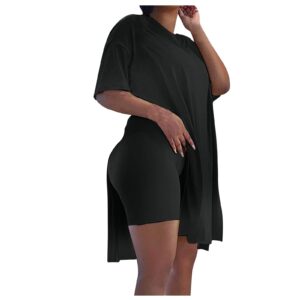 Women Plus Size 2 Piece Outfit Sets V Neck Side Split T-Shirt Tummy Control Shorts Summer Clubwear