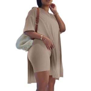 Women's Plus Size 2 Piece Outfits V Neck Side Split Tops Tummy Control Yoga Shorts Oversized Active Wear