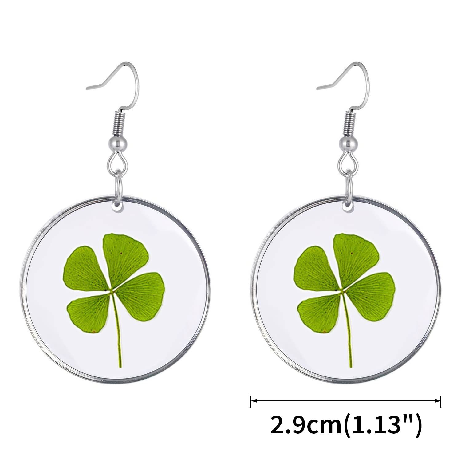 FM FM42 Dried Leaves Lucky 4-Leaf Clover Round Drop Dangle Hook Earrings