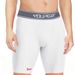 Youper Boys Athletic Supporter, Compression Shorts w/Soft Protective Athletic Cup, Youth Sizes (Large, White Grey)