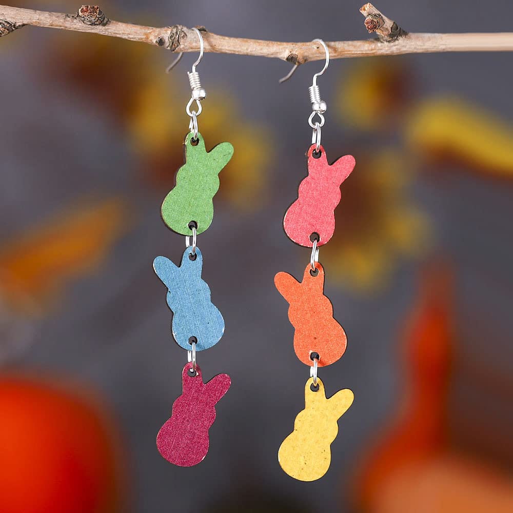 Colorful Teardrop Easter Rabbit Wooden Drop Dangle Earrings Bunny Carrot Egg Double Sided Leopard Print for Women Lovely Handmade Jewelry-A