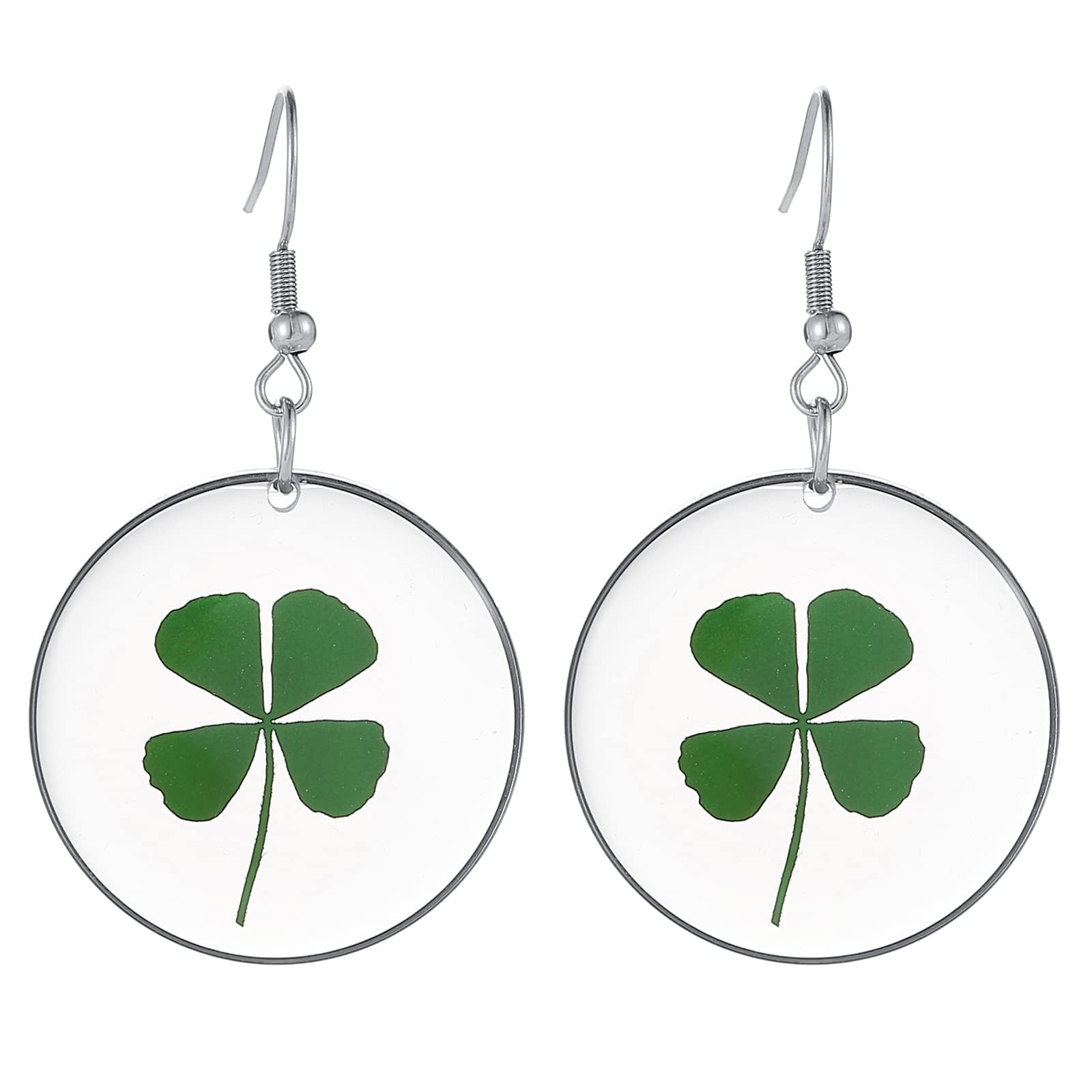 FM FM42 Dried Leaves Lucky 4-Leaf Clover Round Drop Dangle Hook Earrings