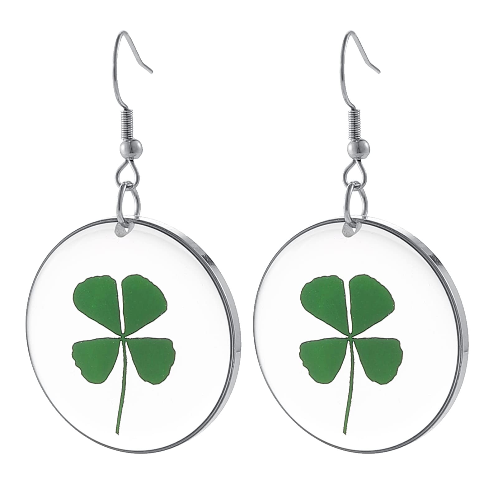 FM FM42 Dried Leaves Lucky 4-Leaf Clover Round Drop Dangle Hook Earrings