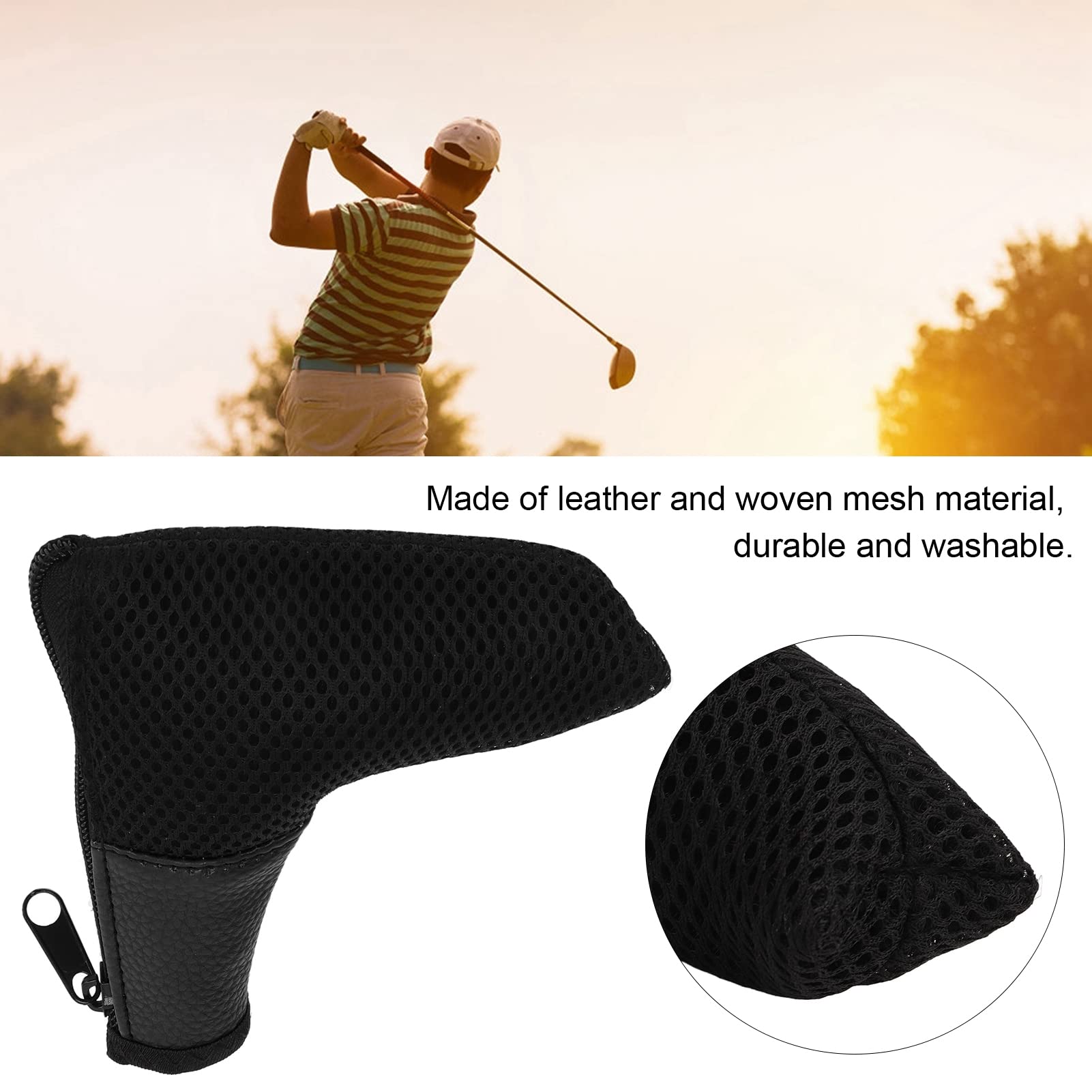 OUKENS Golf Club Cover, L Shaped Mesh and Leather Golf Head Cover Golf Club Putter Headcover Protector Bag with Zipper Closure Golf Club Accessories(Black)