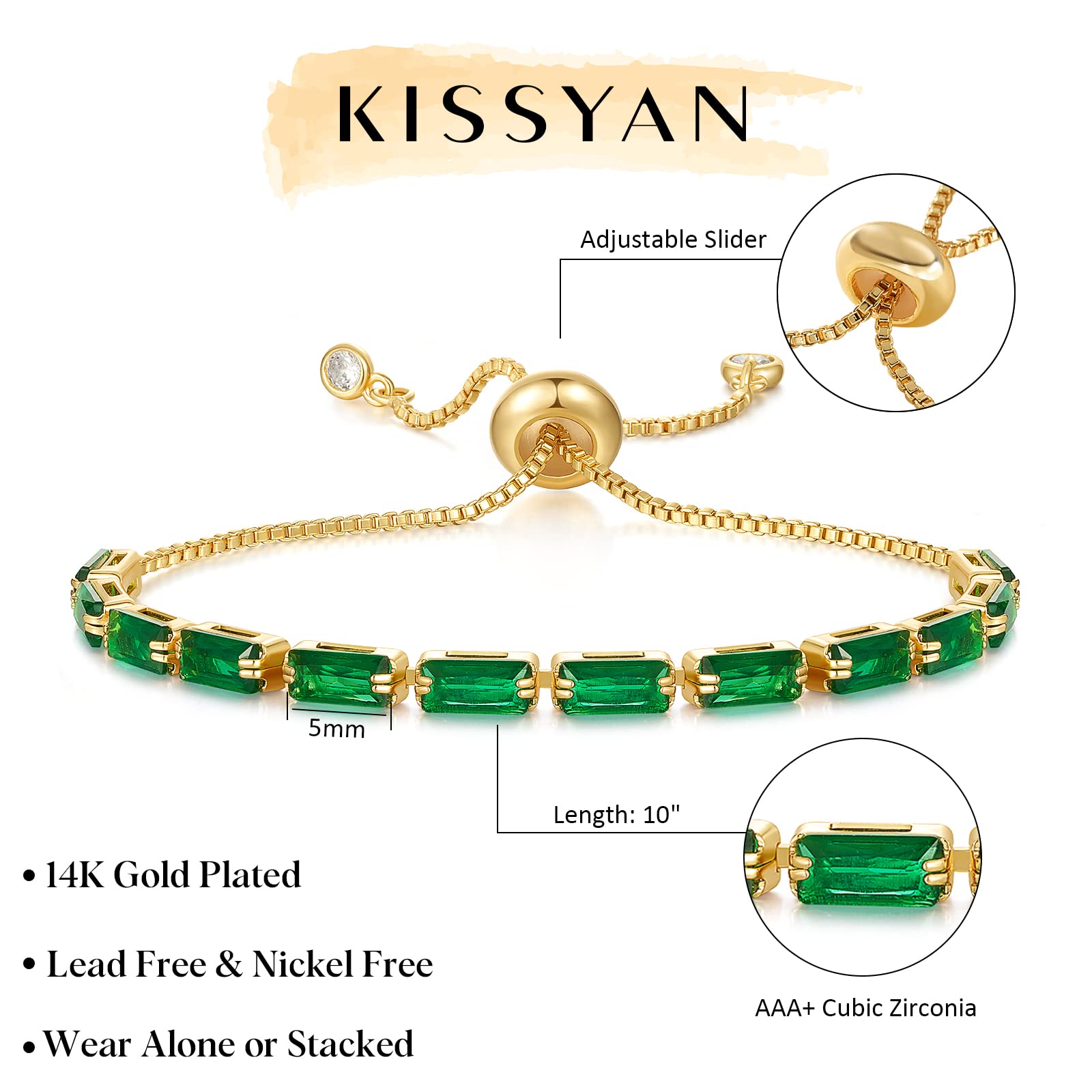 KissYan Tennis Bracelet for Women, 14K Gold Plated Cubic Zirconia Adjustable Slider Bracelets Classic Trendy Jewelry Gift(Green)